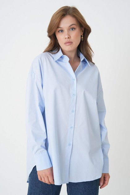 Women's Blue 100% Cotton Oversize Tunic Shirt 30017