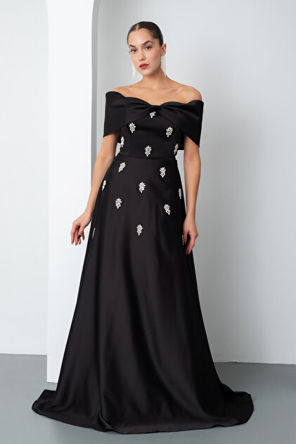 Lafaba Women's Black Tight Fit Strapless Stone Long Satin Evening Dress-  Trendyol