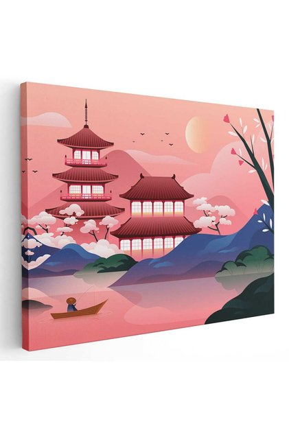 Tablou peisaj cu temple japoneze si lac primavara, cod 5474