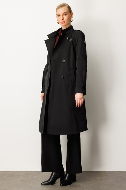 Ekol Turtleneck Belted Trench Coat 7003-25K Black- Trendyol