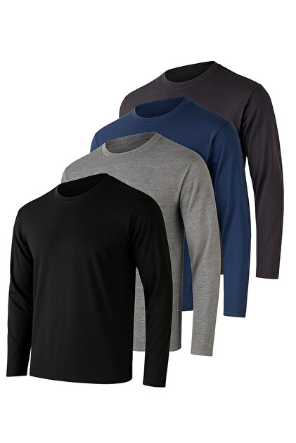 Men's Grimelange, Black, Navy Blue & Anthracite Basic Long Sleeve Athletic Bodysuit – 4-Pack