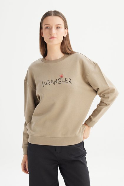 %100 Pamuk Relaxed Fit Geniş Bisiklet Yaka Bej Big Logo Sweatshirt
