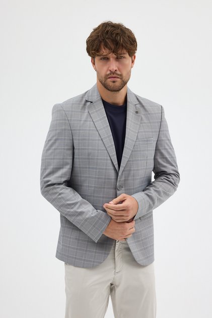 Facune Men's Stone Plaid Fabric Mono Collar Sports Blazer Jacket