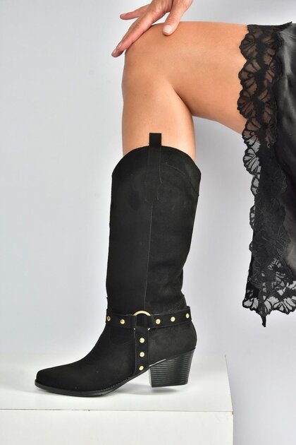 V820320302 Black Suede Thick Heeled Women's Boots