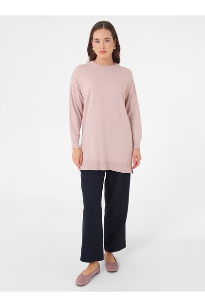 Crew Neck Slit Knit Tunic - Powder -