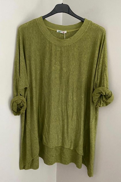 Women's Italian Oil Green Crew Neck Loose Oversized Knit Blouse Tunic Sweater