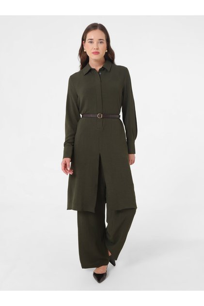 Tunic Trousers with Slit Front and Half Placket Two-Piece Set - Dark Khaki -