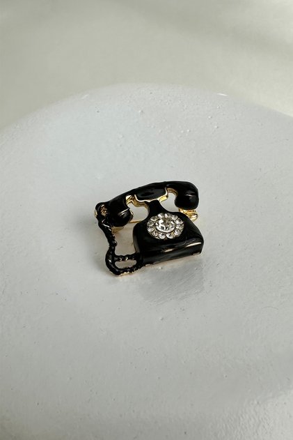 Altın Sarısı Siyah Mineli Taş Detay Telefon Broş (2cm)