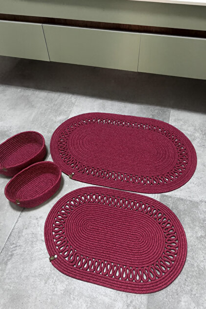 Terra 4-Piece Bathroom Set – 2 Oval Mats & 2 Oval Baskets, Natural Rope Weave, Handmade - Premium