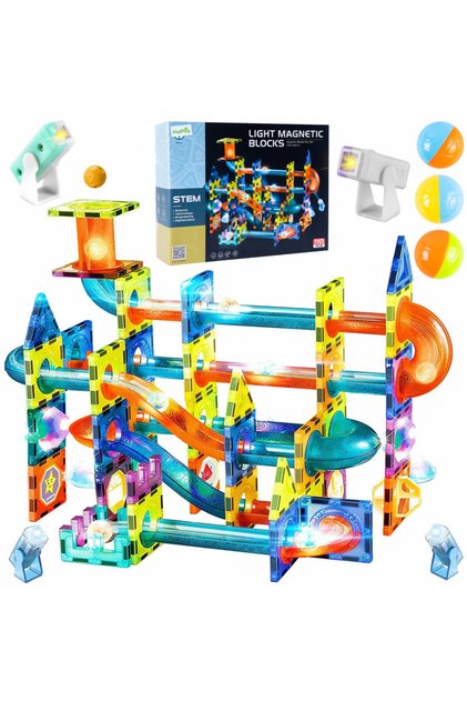 Set de constructie magnetic 3d pentru copii, pista cu bile luminoase led, conectare rapida si usoara