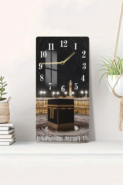 Kâbe Manzaralı Temperli Cam Tablo Saat 30x60 cm | HD UV Baskı– CUSD176