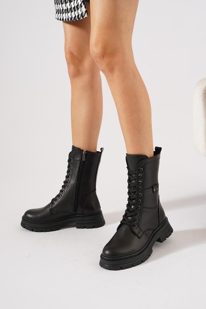Kapilta Side Zipper Genuine Leather Women's Boots Black Skin