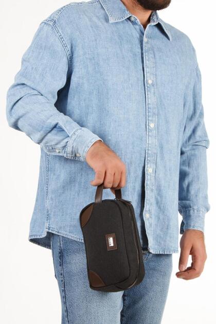 Men's Black Canvas Fabric Brown Leather Detailed Shaving Cosmetic Travel and Grooming Hand Bag.