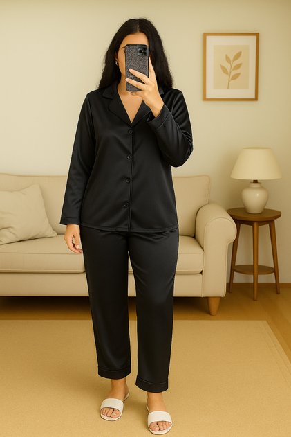 Collared Straight Satin Women's Pajama Set Black