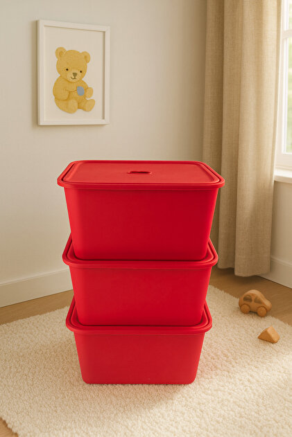 decosense 3 Adet Kırmızı Kapaklı Derin Oyuncak ve Eşya Saklama