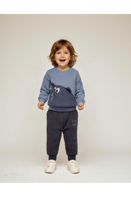 100% Cotton Baby Boy's Set with'Little Bear' Print and Embroidery, 3-Thread Raised Stitch Bottom & Top Set
