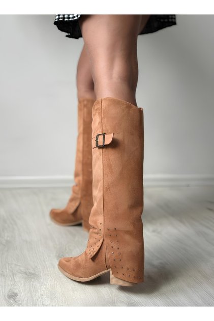 Camel Suede Leg-Lengthening Pointed Toe Long Boots with Troc Detail