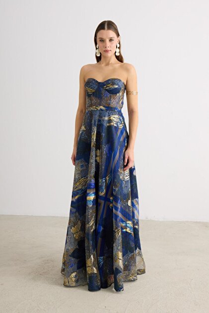 CARMEN Navy Blue Strapless Jacquard Evening Dress- Trendyol