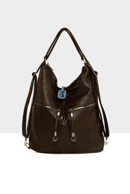 Brown Women's Soft Textured Handbag with Detailed Strap and Back Casual Bag M000008648