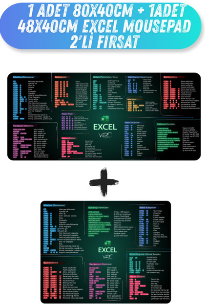 Excel Kısayol Mousepad 80x40Cm + Excel Kısayol Mousepad 48x40Cm(Excel Türkçe)