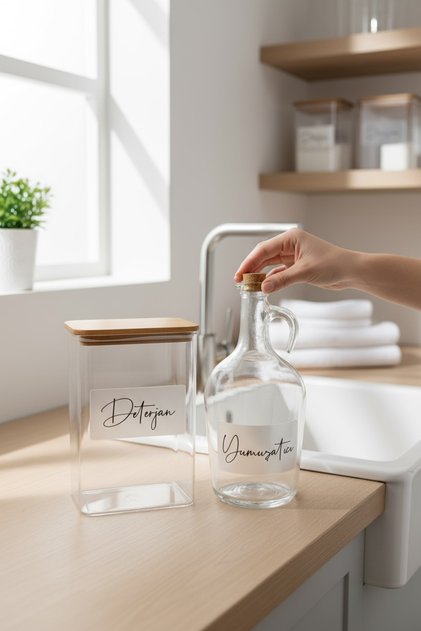 Girid Series Transparent Labelled Detergent Jar and Softener Bottle with Wooden Lid 1500ml