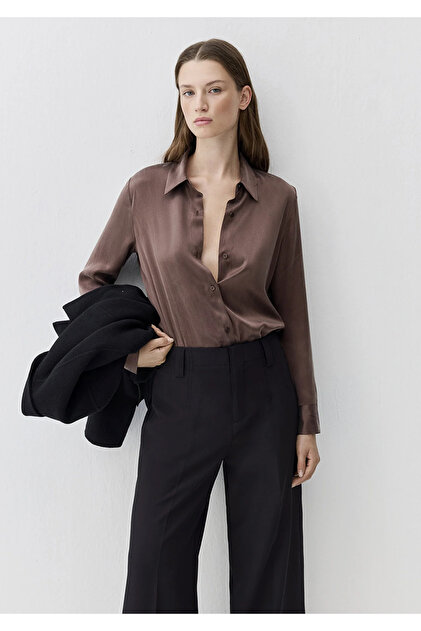 Kahverengi %100 İpek Gömlek Slim Fit / Dar Kesim 1211269-87537