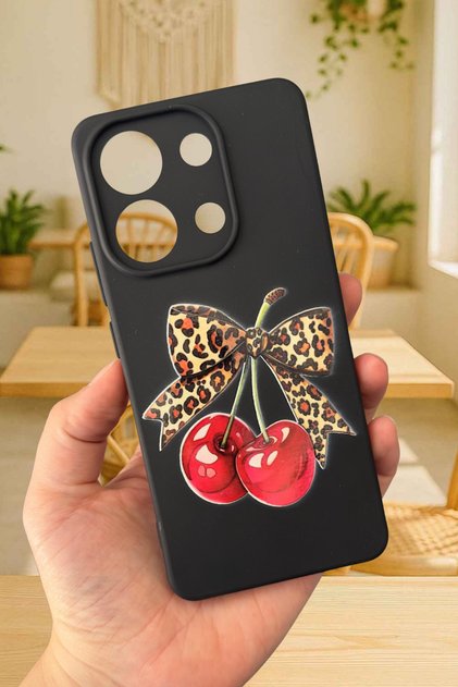 Redmi Note 13 4g Compatible Cherry Leopard Bow Patterned Silicone Shock-Absorbing Rubber Case