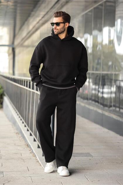 Black Hooded Kangaroo Pocket Men's Tracksuit Set E7338