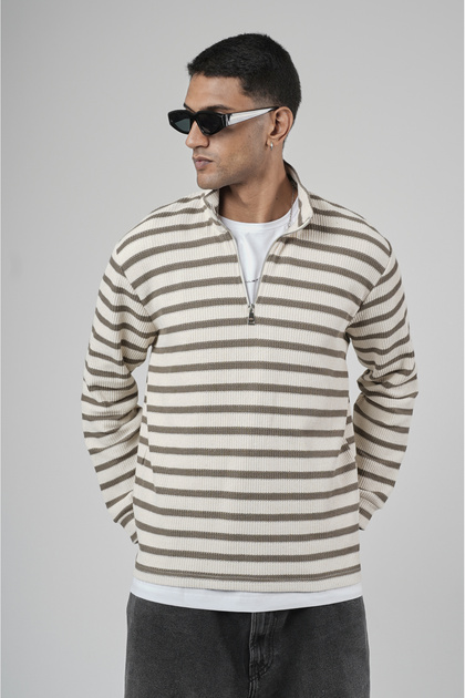 Trend Biz Striped Patterned Regular Jacquard Half Zipper Sweatshirt