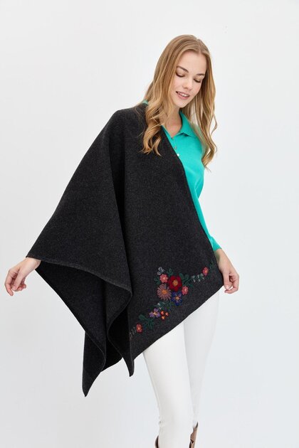 Women's Floral Embroidered Knitwear Shawl 23154 K.Fume