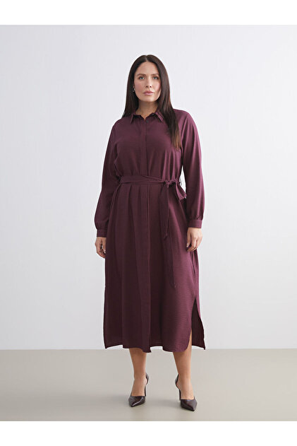 LC Waikiki Burgundy Belted Striped Shirt Dress- Trendyol LC Waikiki Burgundy Belted Striped Shirt Dress- Trendyol