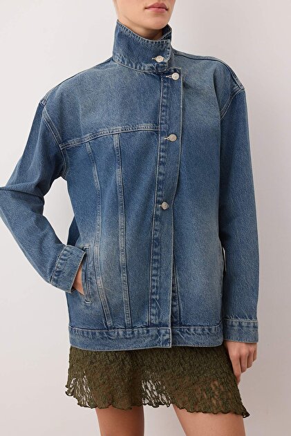 Trendyolmilla Mavi Kruvaze Kapama Dik Yaka Denim Ceket