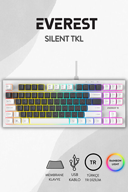 Everest SILENT TKL Sessiz Rainbow Q Türkçe Klavye Membrane Oyuncu