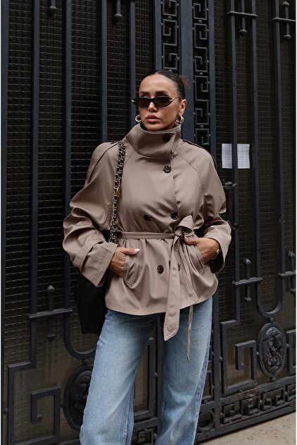Beige Diora Stand Collar Belted Trench Coat