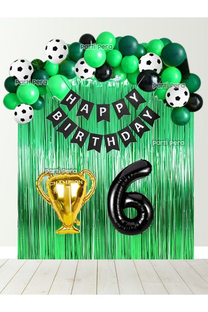 Futbol Temalı Doğum Günü Balon Seti Yeşil Arka Fon Perde Siyah Rakam Folyo Balon Kupa Folyo Balon
