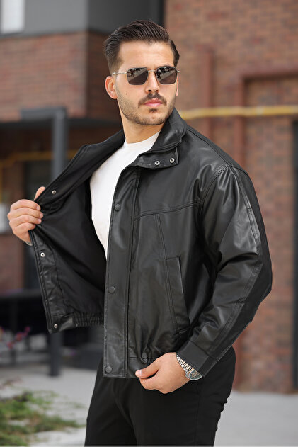ジャケット・アウター vintage learher bomber jacket black çerme Vintage Men's Oversize Black Leather Jacket- Trendyol