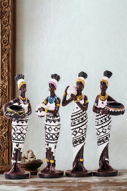 Siyah Beyaz Küp Taşıyan 4'lü Afrikalı Kadın Biblo Seti - Polyester Dekoratif Figür (15x4 cm)