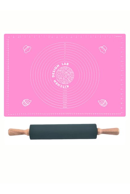Pembe 45x65 Cm Silikon Hamur Açma Matı Ve Bambu Saplı Silikon Merdane