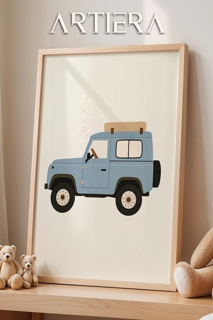 Jeep Araba Temalı Erkek Bebek Çocuk Odası Dekorasyonu Doğal Ahşap Çerçeveli Duvar Tablosu