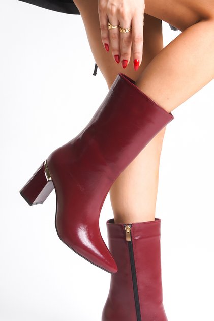Women's Heeled Boots Pointed Toe Burgundy Wrinkled Leather Look Gold Detailed 8.5 cm Thick Heel