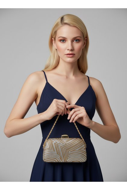 Gold and Silver Color Stone Pearl Detailed Chain Handle Women's Evening Dress Bag Wedding Engagement Graduation