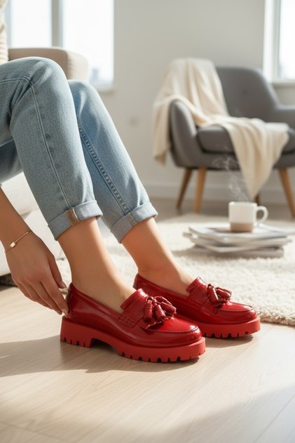 KADIN KIRMIZI RUGAN HAKİKİ DOĞAL DERİ 36-41 NUMARA PÜSKÜLLÜ LOAFER AYAKKABI