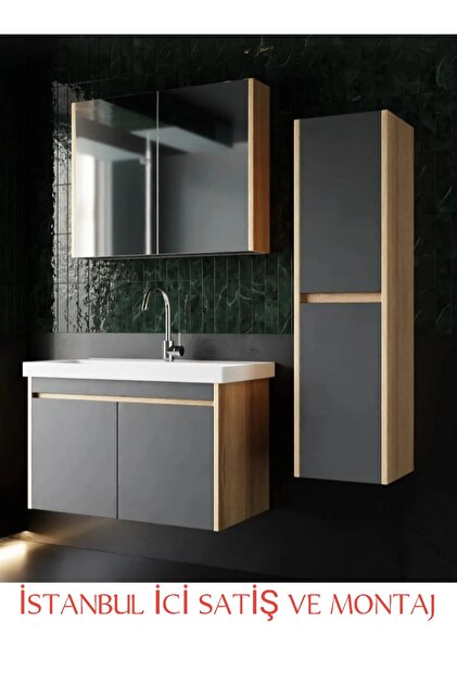 Erva 80 Cm Seramik Lavabolu Safir Meşe Renk Mdf Banyo Dolabı