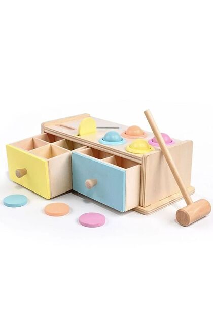 Jucărie Montessori din lemn, cutie pentru permanența obiectelor cu discuri, bile, ciocan și sertare, 2 ani+