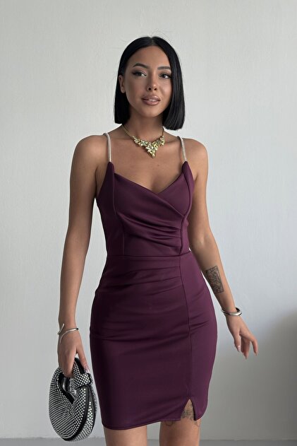 ALFUDO Moda Collection Thin Strap Draped Evening Dress Engagement Wedding  Graduation Dress Purple- Trendyol