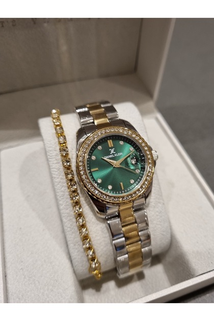 New Model Dk - Yellow Bicolor Steel Bracelet Green Dial Women's Wrist Watch+Gift Bracelet