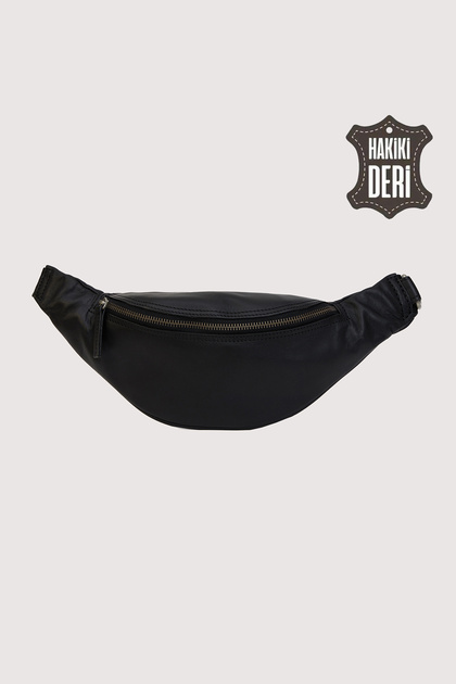 Shadow Hakiki Deri Siyah Unisex Bel Çantası SMR8749