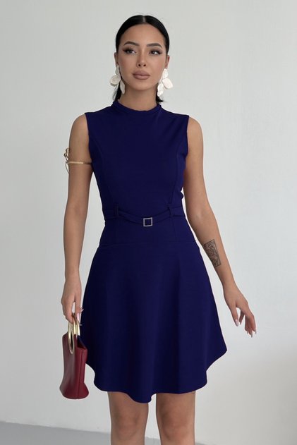Crew Neck Belt Accessory Navy Blue Dress