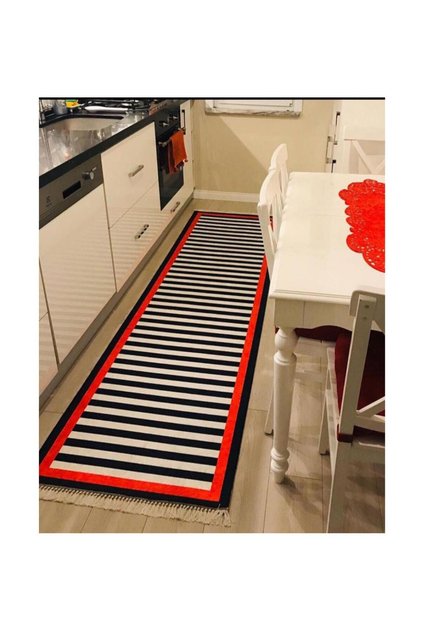 Çizgi Çerceve Kaymaz Tabanlı Yıkanabilir Halı Kilim Yolluk Kırmızı Siyah