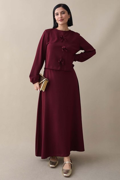 Modal Ribbon Detail Skirted Burgundy Set